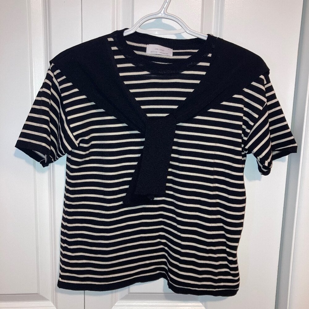 #155 Women's Oak and Fort Black and White Striped Top, Size Small